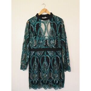 Boohoo Green Sequin Damask Mini Dress Womens Size 12 Embroidered Emerald Party